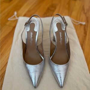 Salvatore Ferragamo Silver Metallic Slingback Heels, Size 7.5 C